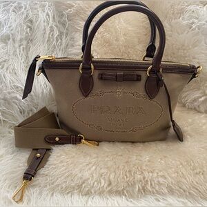 Prada Canvas Logo Jacquard Brown Leather Trim Small Zip Satchel